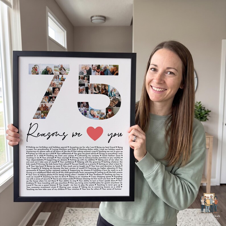 May include: A framed photo collage print featuring the number 75 formed by multiple small photographs. Below the number, the text reads Reasons we love you with a red heart icon, followed by a long list of printed text reasons in black.