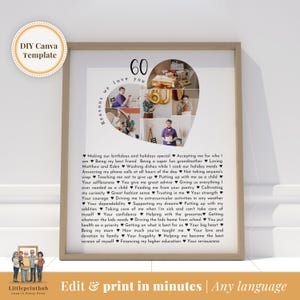 Collage photo personnalisé 60 raisons pour lesquelles nous vous aimons, 60 ans de maman, 60 caractéristiques de papa, cadeau pour le 60e anniversaire d'un ami, modèle entièrement modifiable