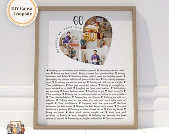 60 Reasons we love you custom Photo Collage, Mom&#39;s 60th Birthday, 60 Things about Dad, Gift for Friend&#39;s 60th Bday, Fully Editable Template