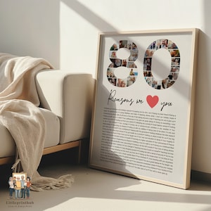 May include: A white and gray photo collage print with a red heart and the text "80 Reasons we love you". The collage features a number 80 made of photos.