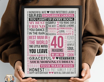 Lámina decorativa con palabras para el 40 cumpleaños, regalo personalizado con el mensaje "Razones por las que te queremos".