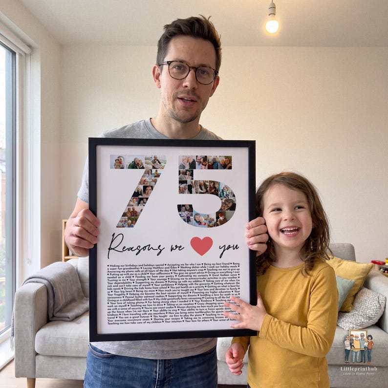 May include: A rectangular black-framed wall art piece featuring a collage of small photographs arranged to form the number 75. Below the number, the text reads "Reasons we [heart icon] you" followed by a long list of printed text lines.