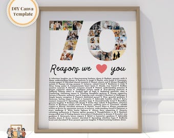 70 Reasons we love you DIY gift, Mom&#39;s 70th Birthday Print, 70th birthday decoration, Gift for Best Friend&#39;s Bday, Editable Canva Template