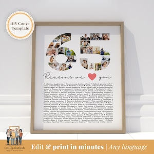 65 Reasons we love you DIY gift, For Mom&#39;s 65th Birthday, 65 Things about Dad, Gift idea for Best Friend&#39;s Bday, Editable Canva Template