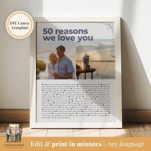 Reasons we love you, Anniversary Gift for Parents, Personalized gift for Husband, Celebrating 50 years of marriage, Fully editable template