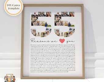 55 razones por las que te queremos (regalo DIY), para el 55 cumpleaños de mamá, 55 cosas sobre papá, idea de regalo para el cumpleaños de tu mejor amigo/a, plantilla editable de Canva.