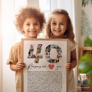 May include: A framed photo collage of 40 reasons we love you. The collage is made up of small photos arranged in the shape of the number 40. The photo is held by two children. The text below the collage reads "40 Reasons we love you".