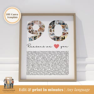 90 powodów, dla których Cię kochamy, prezent DIY na urodziny mamy, 90 rzeczy, które kocham w tacie, pomysł na spersonalizowany prezent dla babci, edytowalny szablon Canva