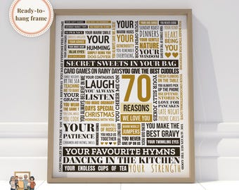 Lámina decorativa con palabras para el 70 cumpleaños, decoración de pared con tipografía personalizada.