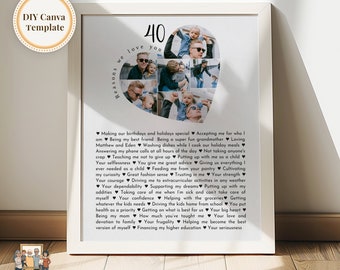 40 Reasons we love you custom Photo Collage, Mom's 40th Birthday, 40 Things about Dad, 40th Birthday gift for him, Fully Editable Template