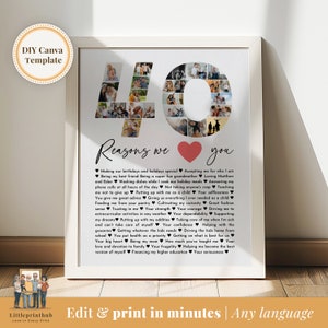 40 Reasons we love you custom Photo Collage, Mom's 40th Birthday, 40 Things about Dad, Gift for Friend's 40th Bday, Fully Editable Template