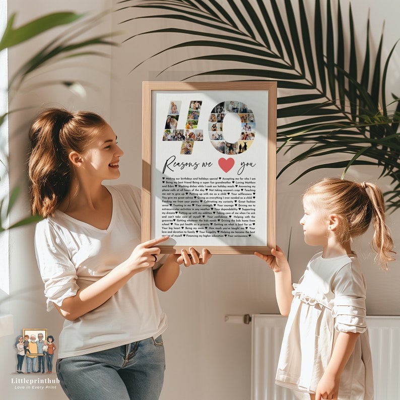 May include: A framed photo collage in the shape of the number 40 with a red heart in the center. The collage is surrounded by a white border and a wooden frame. The text "40 Reasons we love you" is printed below the collage.