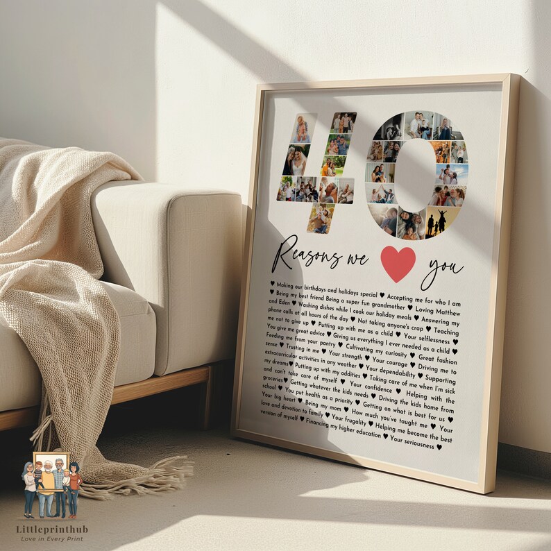 May include: A white framed photo collage with a large number 40 made of smaller photos. The text "40 Reasons We Love You" is written below the number with a red heart. The text is in black and lists reasons why someone is loved.