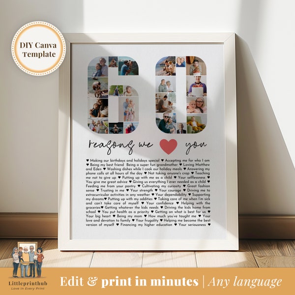 60 Reasons we love you DIY gift, Mom's 60th Birthday Print, 60 Things about Dad, Gift for Best Friend's 60th Bday, Fully Editable Template