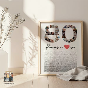 May include: A framed print with a collage of photos in the shape of the number 80. The print has a list of 80 reasons we love you, with a red heart symbol between the words "we" and "you".