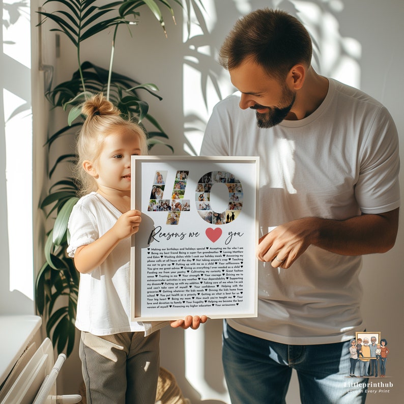 May include: A white framed photo collage with a heart and the number 40 in the center. The photo collage is surrounded by a list of 40 reasons we love you. A young girl and a man are holding the photo.