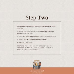 May include: An instructional graphic titled Step Two with black text on a light background. It outlines steps for submitting photos: type reasons in the personalization box, use wetransfer.com to send 35 photos to littleprinthub@gmail.com, or email.