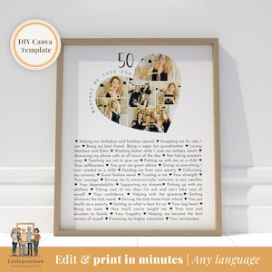 Collage de fotos personalizado con 50 razones por las que te amamos, 50 cumpleaños de mamá, 50 cosas sobre papá, regalo para el 50 cumpleaños de un amigo, plantilla completamente editable