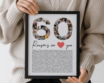 Custom 60 Reasons We Love You Framed Print, 60th Birthday Photo Collage for loved one
