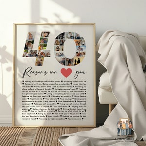 May include: A collage of photos in the shape of the number 40 with a red heart and the text "Reasons we you" and a list of 40 reasons why someone is loved. The text is in black and the background is white.