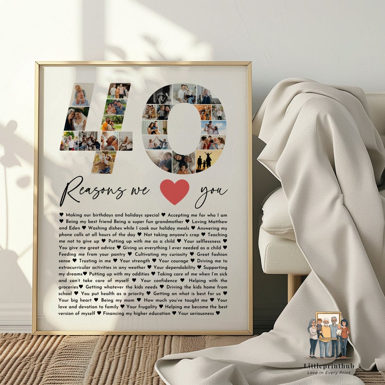 May include: A collage of photos in the shape of the number 40 with a red heart and the text "Reasons we you" and a list of 40 reasons why someone is loved. The text is in black and the background is white.