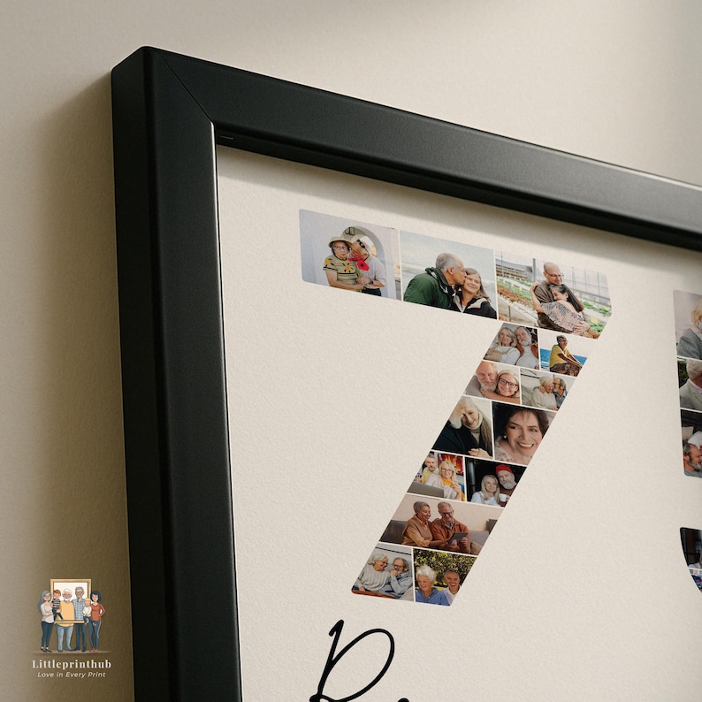 May include: A black framed wall art piece featuring a collage of various photographs arranged to form the number seven. The photos depict diverse individuals in different settings, set against a light cream background with black text below.