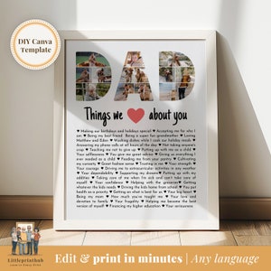 Plantilla de Canva editable: Cosas que amamos de ti, Collage de fotos personalizado, Regalo para el cumpleaños de papá, Carta única para regalo del Día del Padre