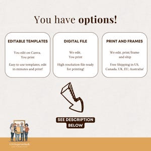 May include: A graphic with three options for purchasing a digital file: Editable Templates, Digital File, and Print and Frames. The text says "You have options!" and "See Description Below".