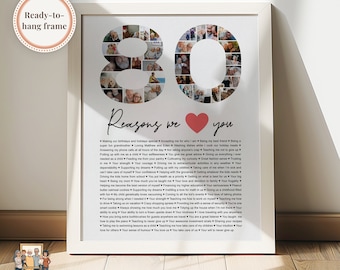 May include: A framed photo collage in the shape of the number 80, with a red heart and the text "Reasons we love you" below. The collage is made up of many smaller photos of people, likely a family.