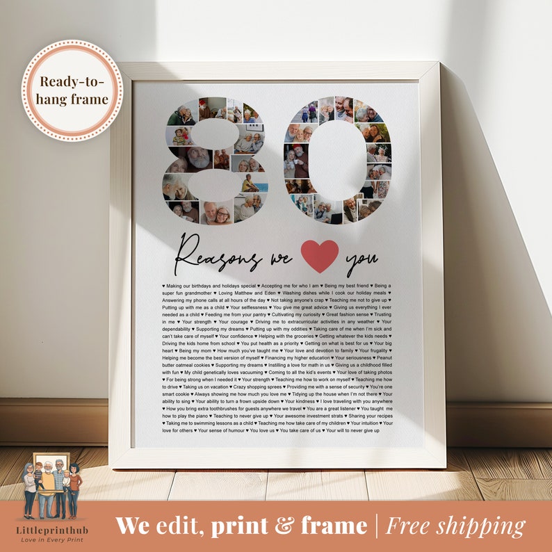 May include: A framed photo collage in the shape of the number 80, with a red heart and the text "Reasons we love you" below. The collage is made up of many smaller photos of people, likely a family.