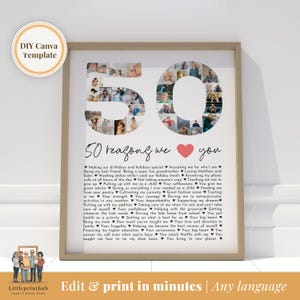 50 Reasons we love you custom Photo Collage, Mom's 50th Birthday, 50 Things about Dad, Gift for Friend's 50th Bday, Fully Editable Template