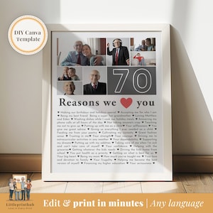 70 Reasons we love you custom Photo Collage, Mom's 70th Birthday, 70 Things about Dad, Gift for Friend's 70th Bday, Fully Editable Template