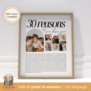 30 Reasons We Love You Custom Photo Collage, Mom's 30th Anniversary, 30th Birthday, 30 Things About Dad, Fully Editable Template on Canva
