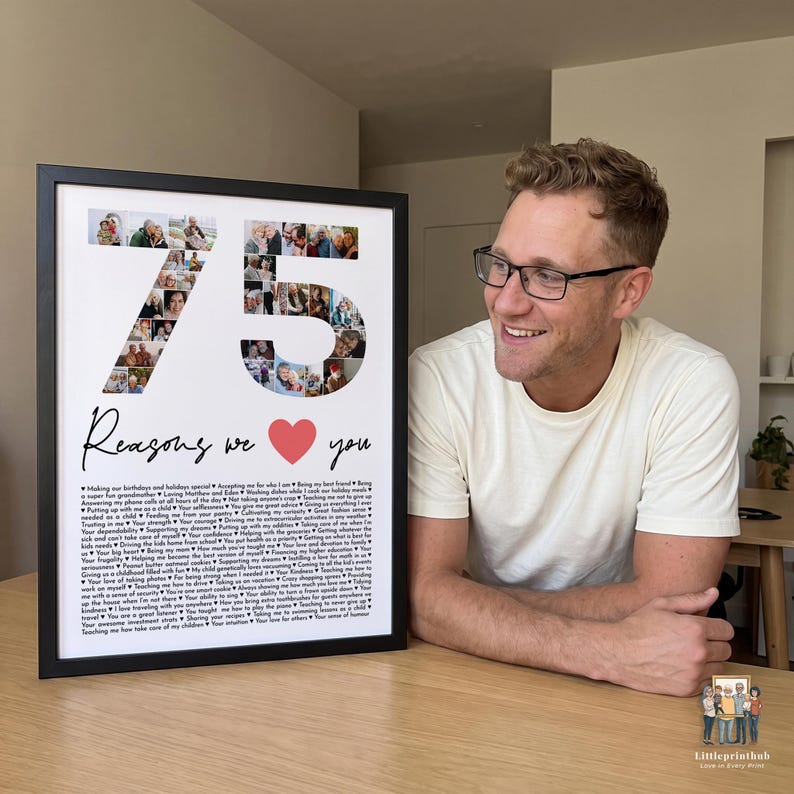May include: A rectangular black frame containing a white poster with a photo collage forming the number 75, a red heart icon, and the text Reasons we love you followed by a long list of printed reasons in black sans-serif font on white paper.