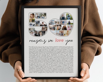 Collage di foto per il 50° compleanno, stampa personalizzata con i motivi per cui ti amiamo