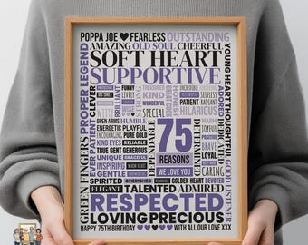 Lámina decorativa con la frase "75 razones por las que te queremos", regalo de cumpleaños personalizado.