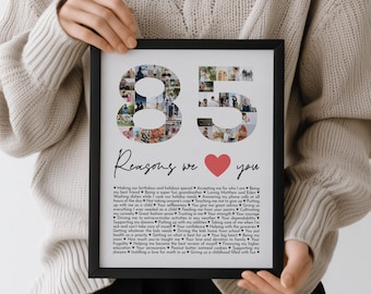 Collage de fotos personalizado con 85 razones por las que te amamos, collage de fotos con la frase "Por qué te amo", regalo para el 85 cumpleaños de un amigo, regalo personalizado para suegros.