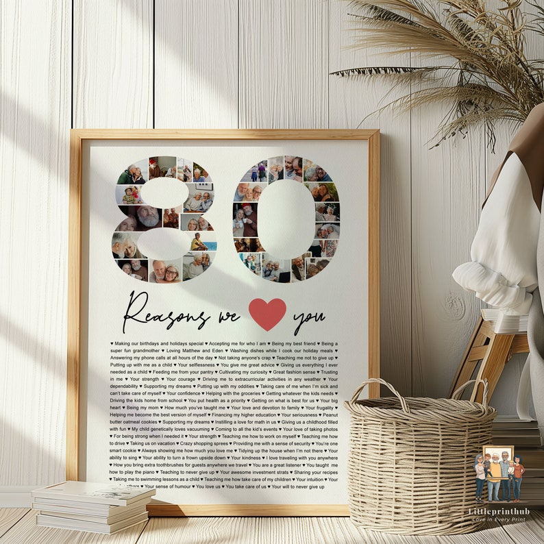 May include: A white poster with a collage of photos forming the numbers 80. The poster has a red heart and the text "Reasons we love you" with a list of 80 reasons below the heart.
