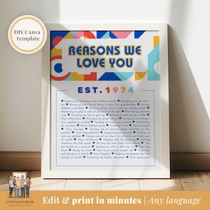 Any Reasons we love you custom Bauhaus Inspired, Mom's 40th Birthday, 40 Things about Dad, Gift for Friend's 40th, Fully Editable Template