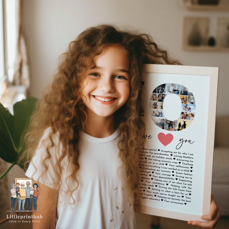 May include: A framed photo collage in the shape of the letter "O" with a pink heart in the center. The collage is surrounded by a white border and a wooden frame. The text "we love you" is written below the collage. The text includes a list of qualities, such as "super fun grandmother", "driving me to", and "helping me become the best".