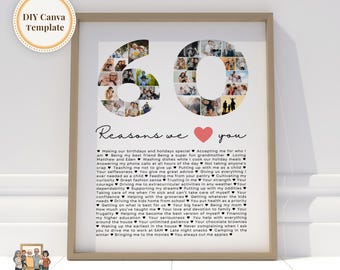 60 Reasons we love you DIY gift, Mom&#39;s 60th Birthday Print, 60 Things about Dad, Gift for Best Friend&#39;s 60th Bday, Editable Canva Template