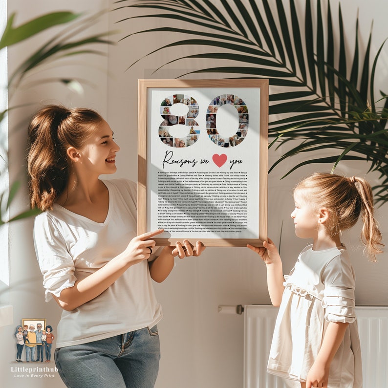 May include: A framed photo collage of 80 reasons to love someone, with a heart and the number 80 made of photos. The text reads "80 Reasons we love you".