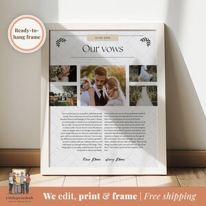 Votos de boda personalizados de novia a novio, collage de fotos de sus votos de boda, carta especial para regalo de aniversario de cónyuge, impresión enmarcada