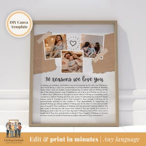 30 Reasons we love you custom Photo Collage, 30th Anniversary gift for parents, 30th birthday gift for men or women, DIY Canva template
