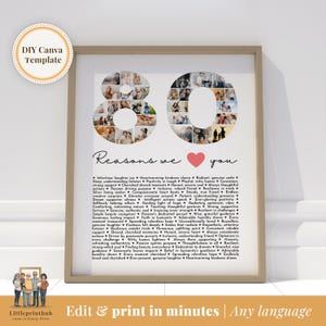 80 raisons pour lesquelles nous vous aimons, cadeau DIY pour l'anniversaire de maman, 80 choses que j'aime chez papa, idée cadeau pour l'anniversaire d'un meilleur ami, modèle de toile modifiable