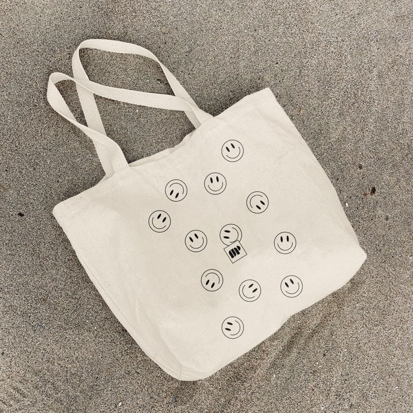 Totebag Smiley en Coton tote Bag Mignon Cadeau d'Anniversaire Sac Toile Design Minimalist Marrant Totebag de Plage Resistant Sac Epais