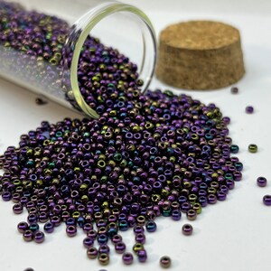 50 gram seed beads in a small glass jar Iridescent blue-violet czech glass seed beads 10/0 Jewelry supplies 59195