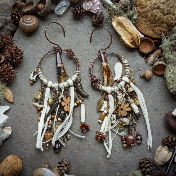 High Priestess Ear Hangers, Huge Talisman Assemblage Earrings, Copper and Gemstone Jewelry,