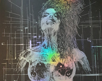 May include: A holographic print of a woman's body with a geometric pattern in the background. The woman's body is outlined in white and has a rainbow iridescent effect.