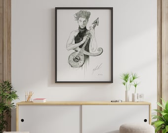 May include: A black and white pencil drawing of a musician playing a guitar. The drawing is framed and hanging on a white wall above a wooden cabinet.